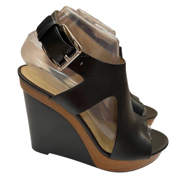 Michael Kors Josephine Wedge Sandals Size 7M Black Leather Wood Look Open Toe - Picture 3 of 12